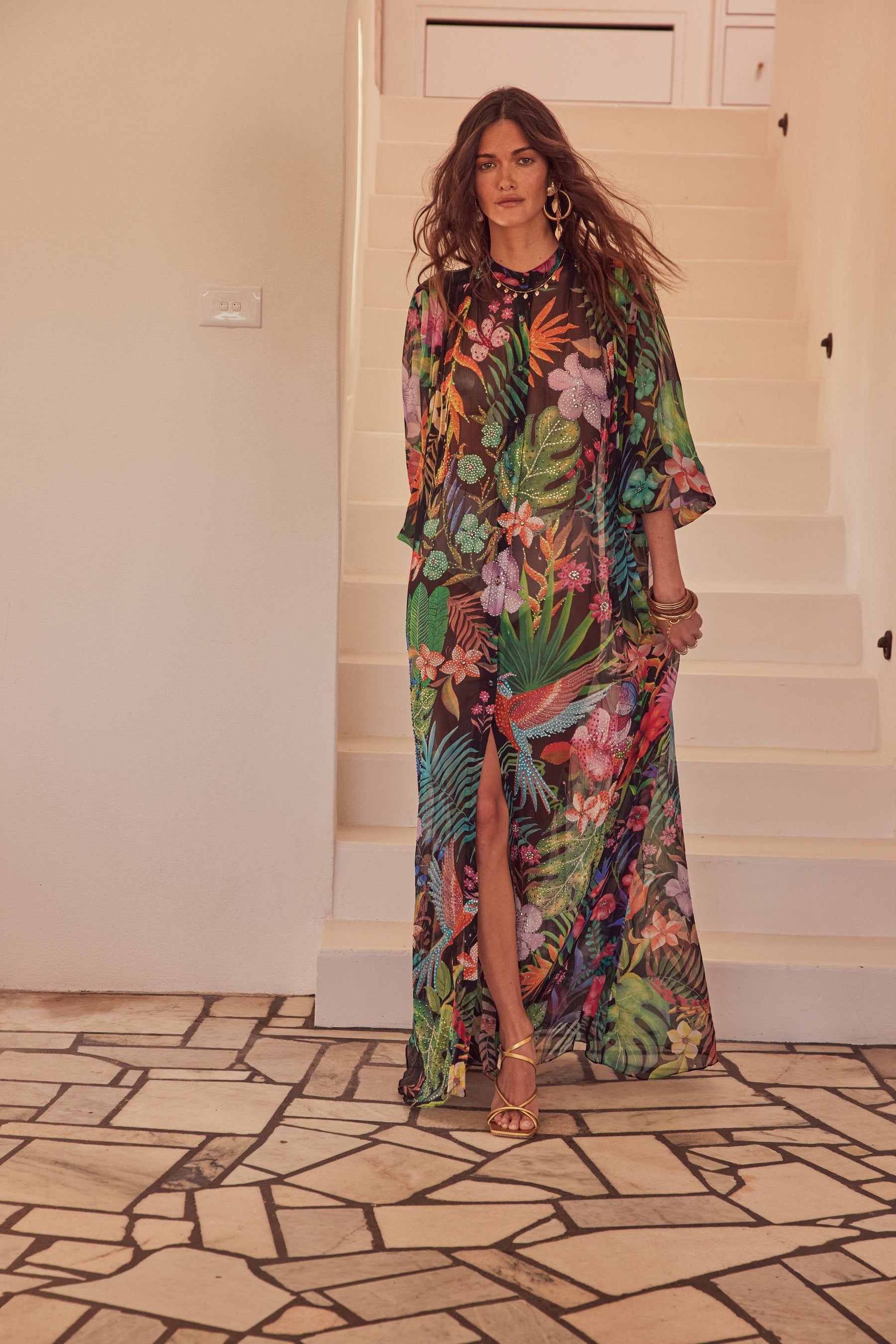 TROPICAL FLORALS PLEATED LONG JACKET