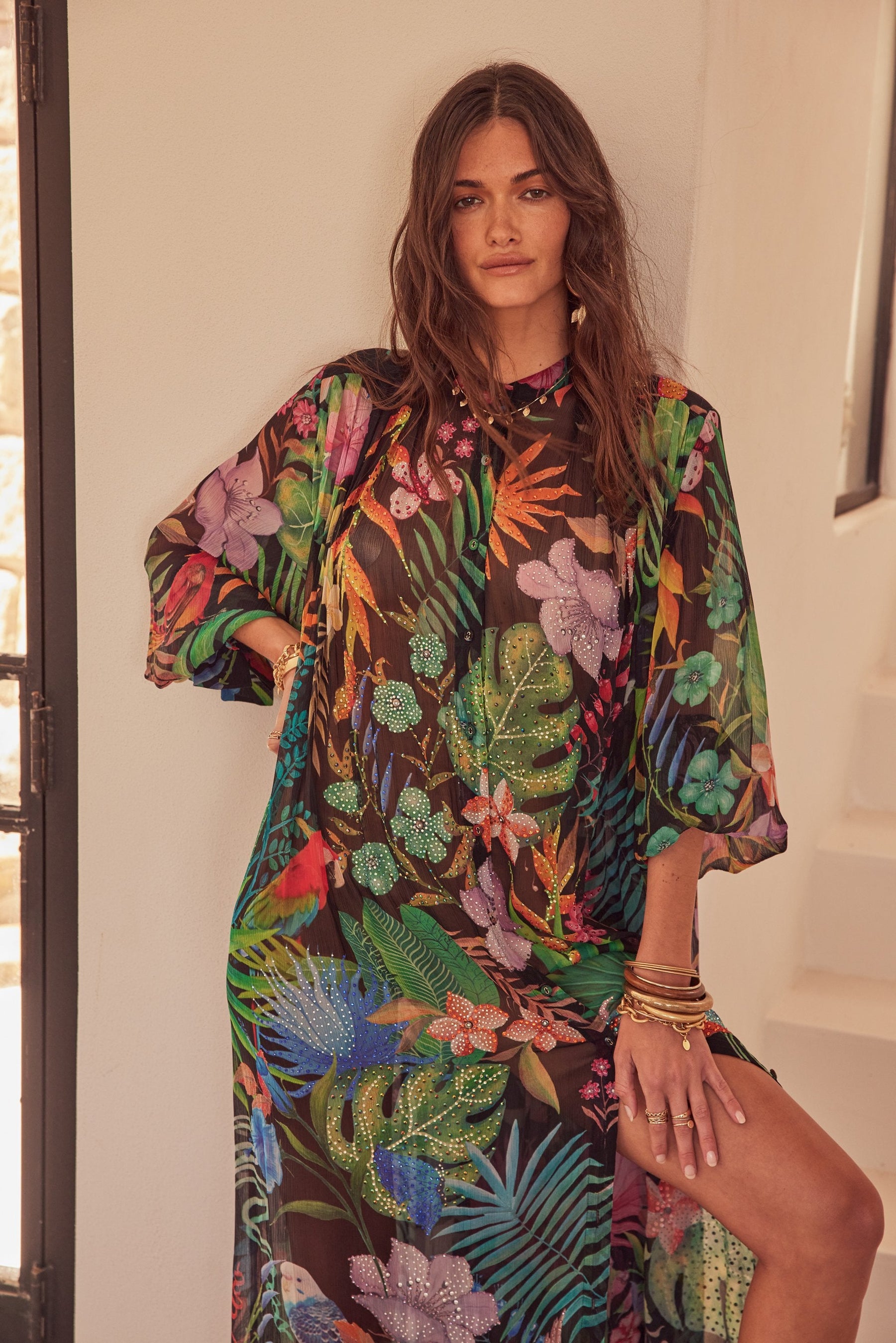 TROPICAL FLORALS PLEATED LONG JACKET