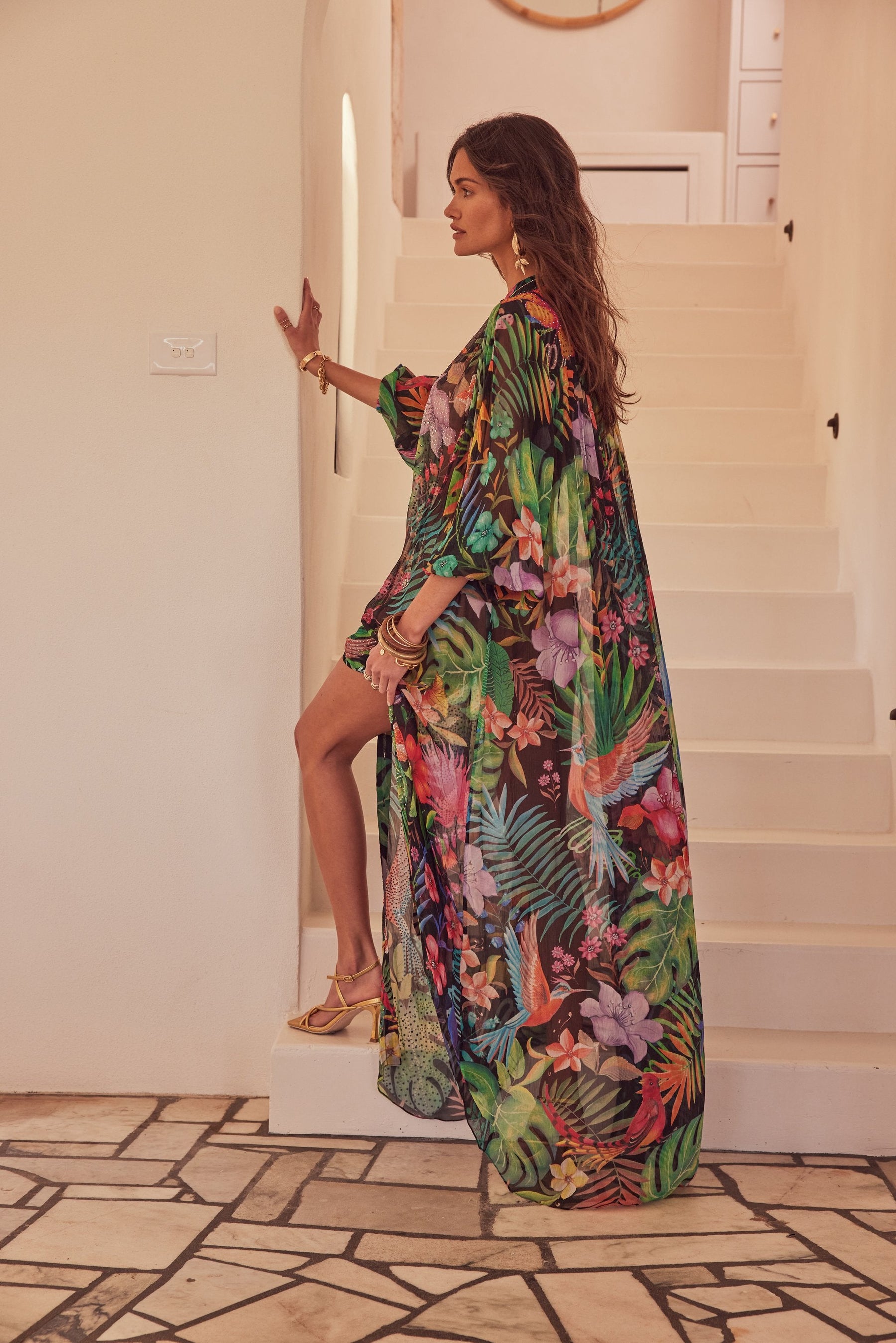 TROPICAL FLORALS PLEATED LONG JACKET