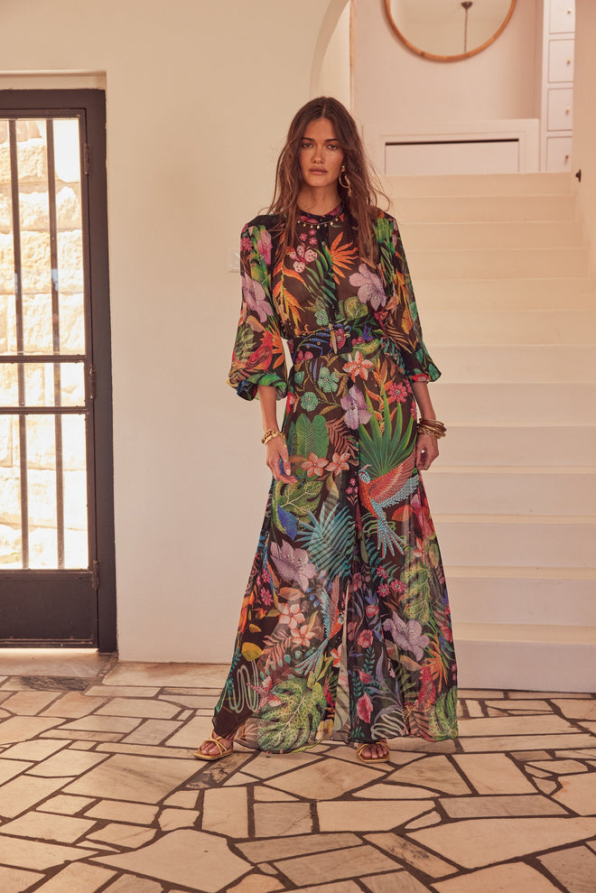 TROPICAL FLORALS PLEATED LONG JACKET