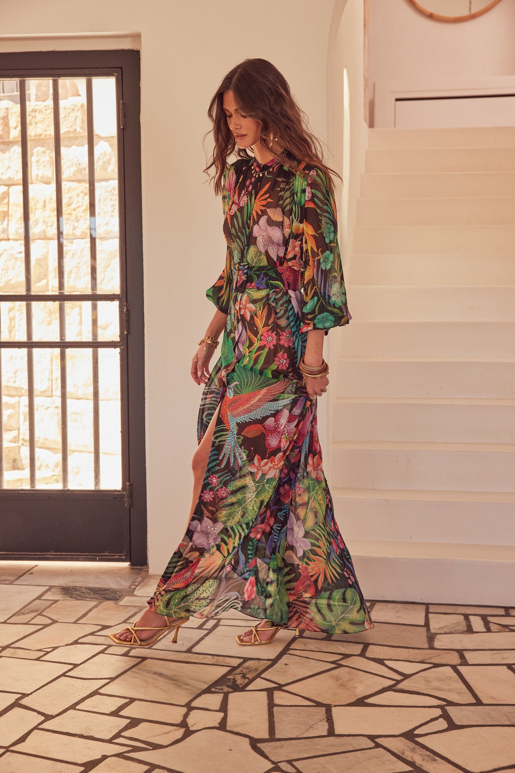 TROPICAL FLORALS PLEATED LONG JACKET