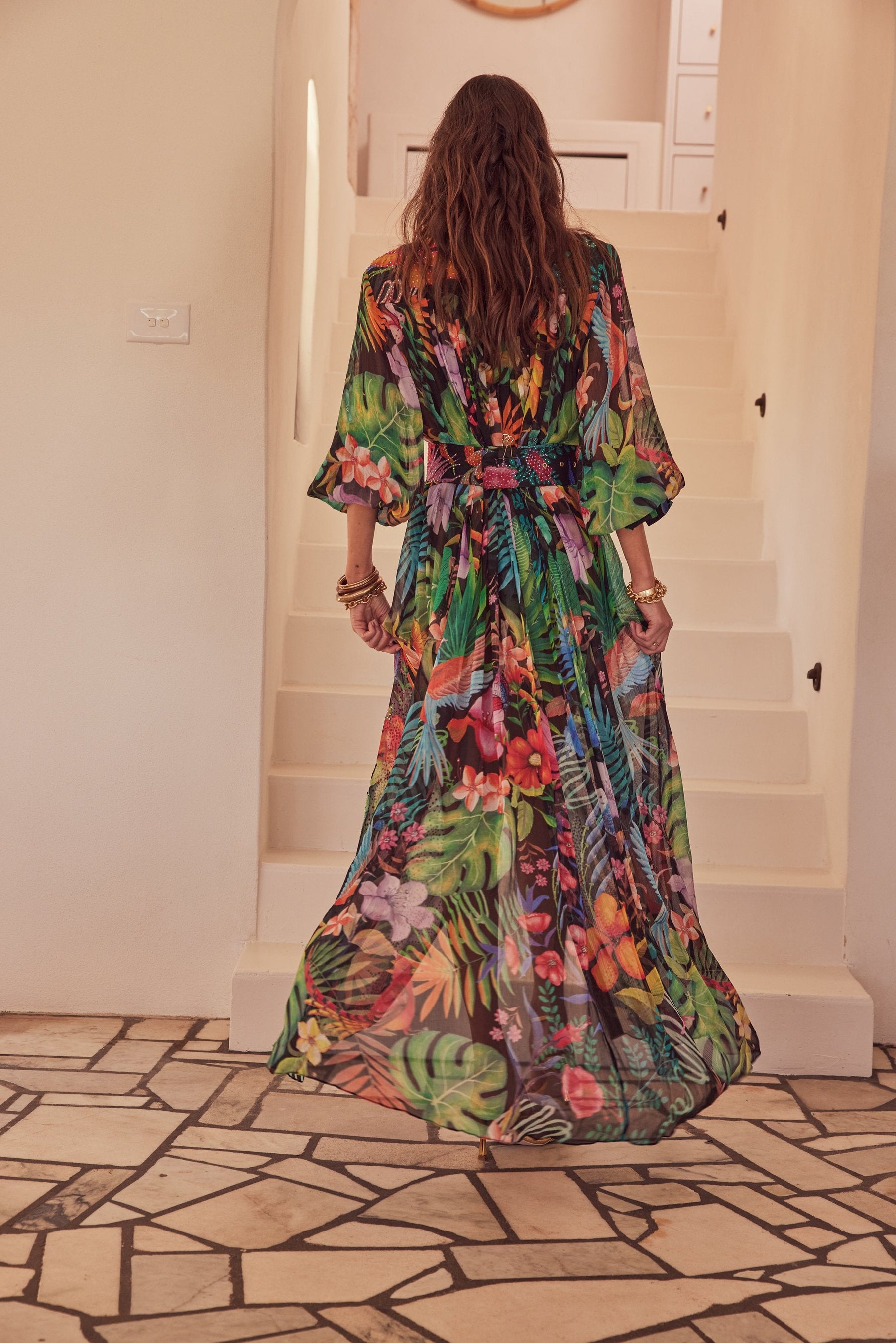 TROPICAL FLORALS PLEATED LONG JACKET