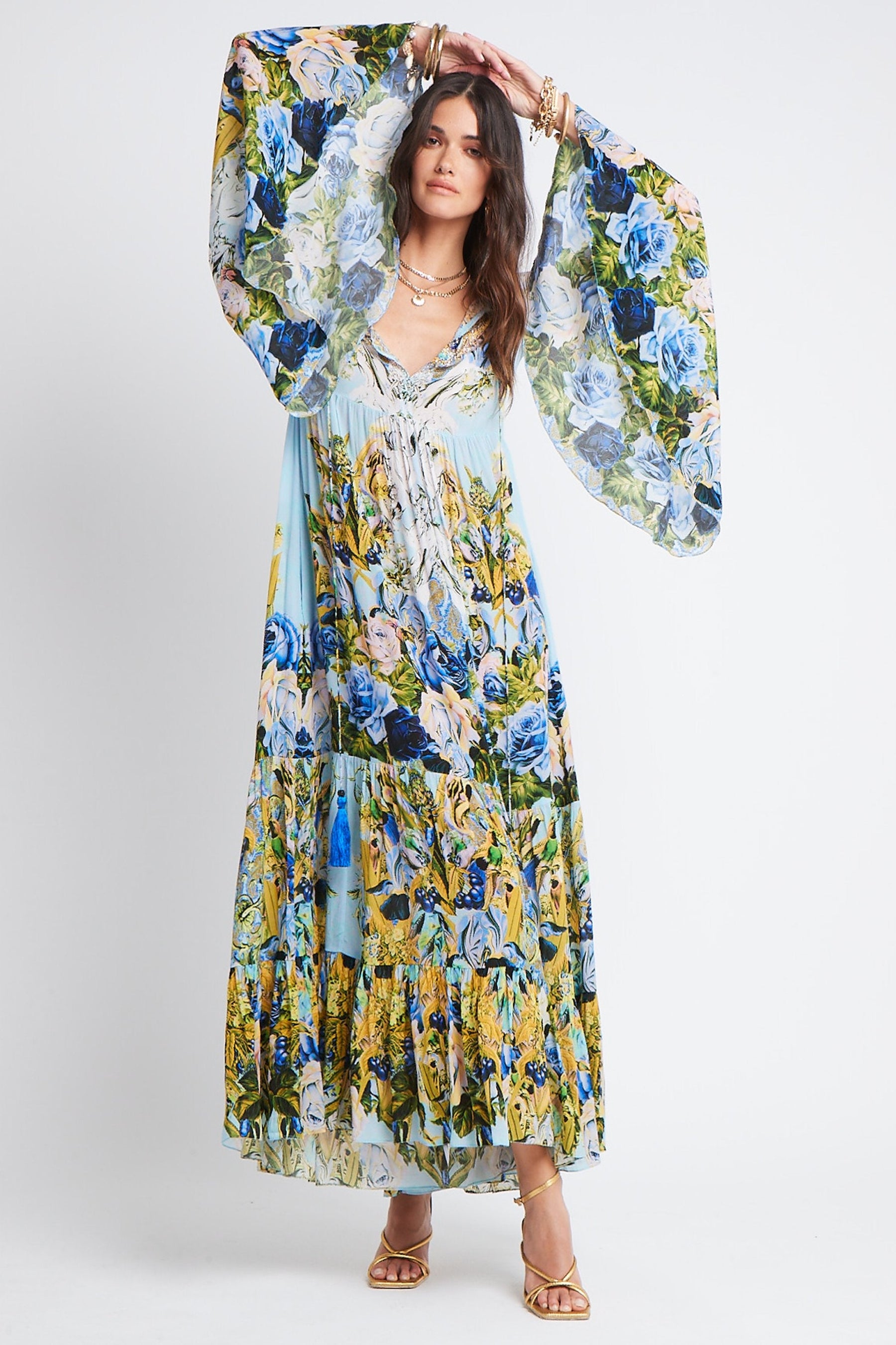 SUMMER BLUES MAXI DRESS W BELL SLEEVES