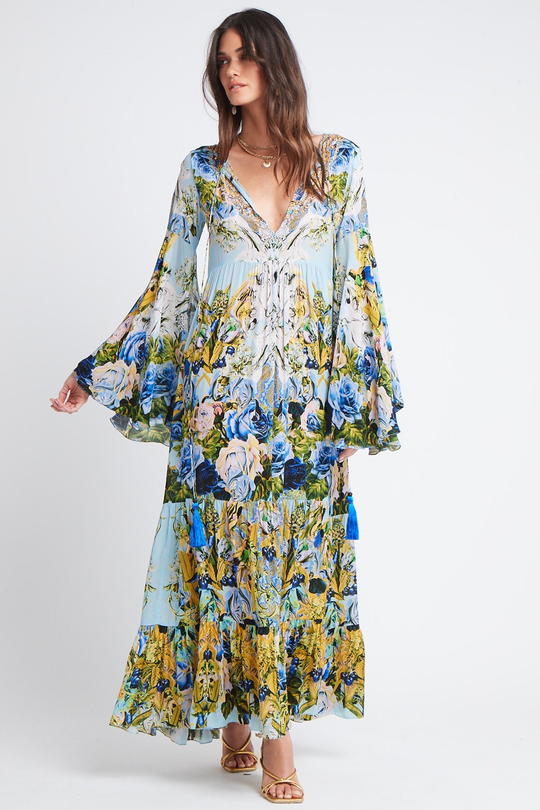 SUMMER BLUES MAXI DRESS W BELL SLEEVES