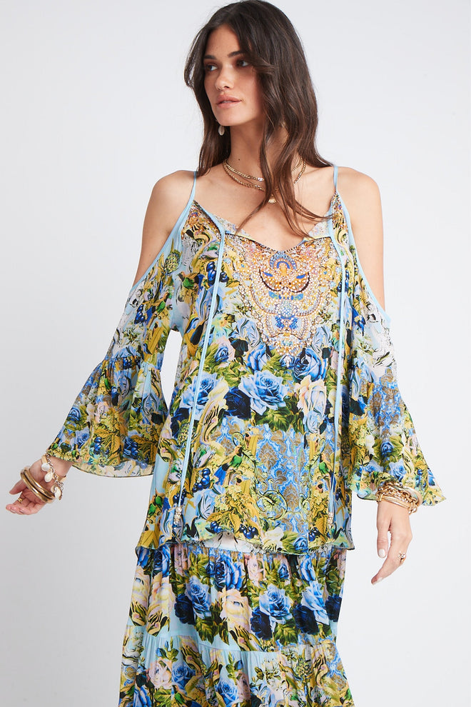 BLOOM GARDEN COLD-SHOULDER FRILL TOP