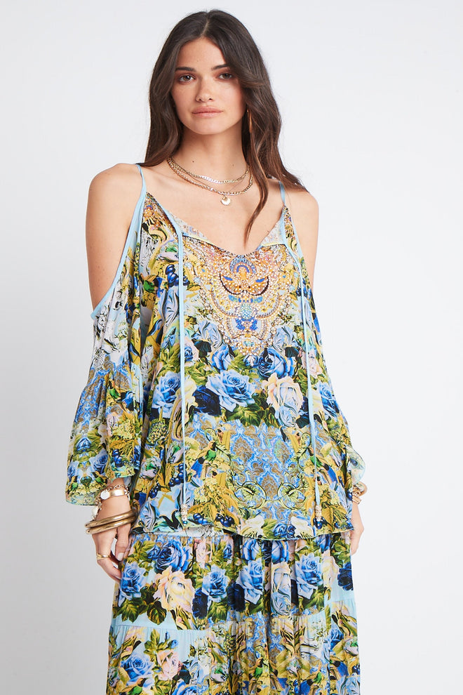 BLOOM GARDEN COLD-SHOULDER FRILL TOP