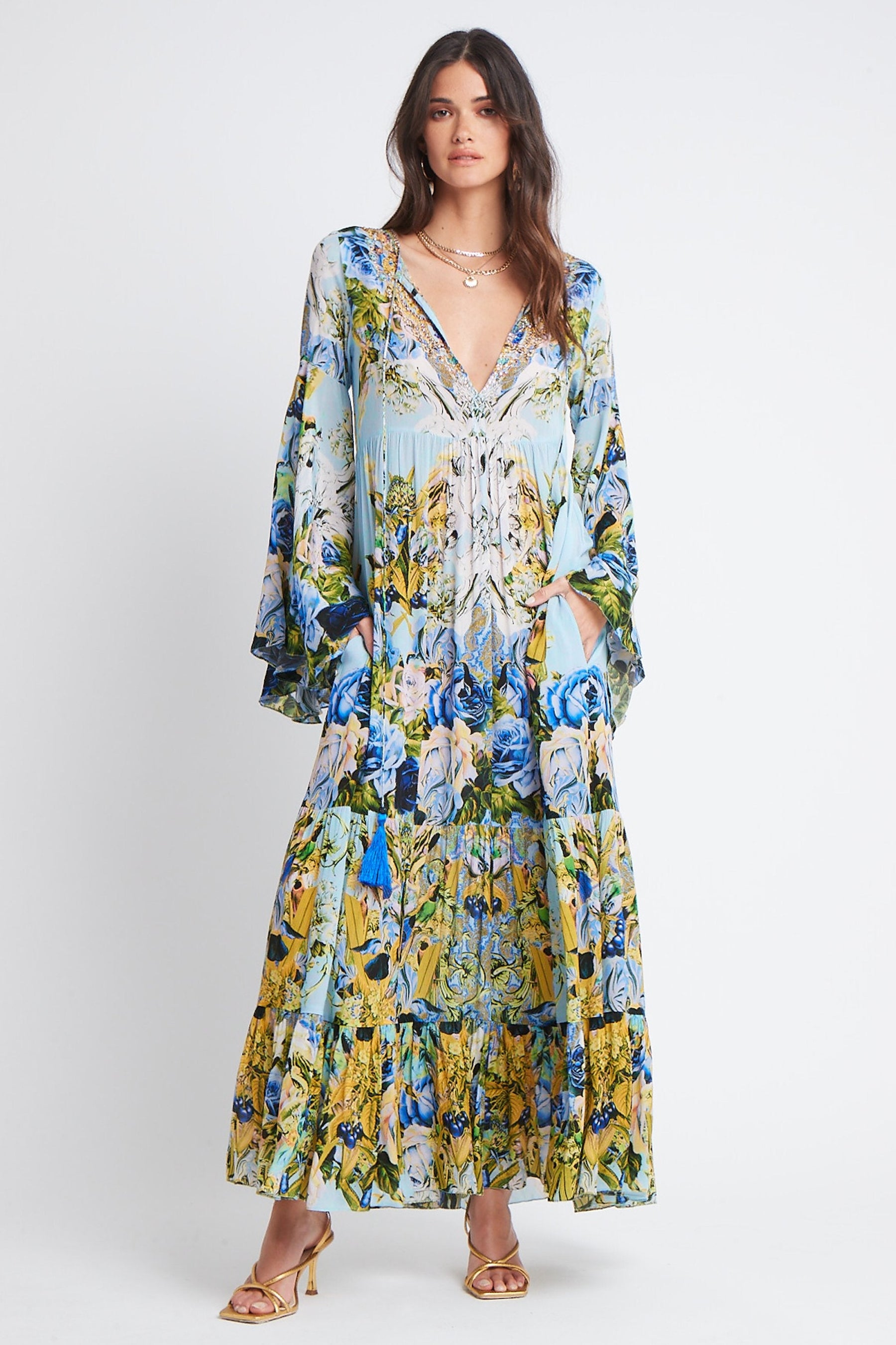 SUMMER BLUES MAXI DRESS W BELL SLEEVES