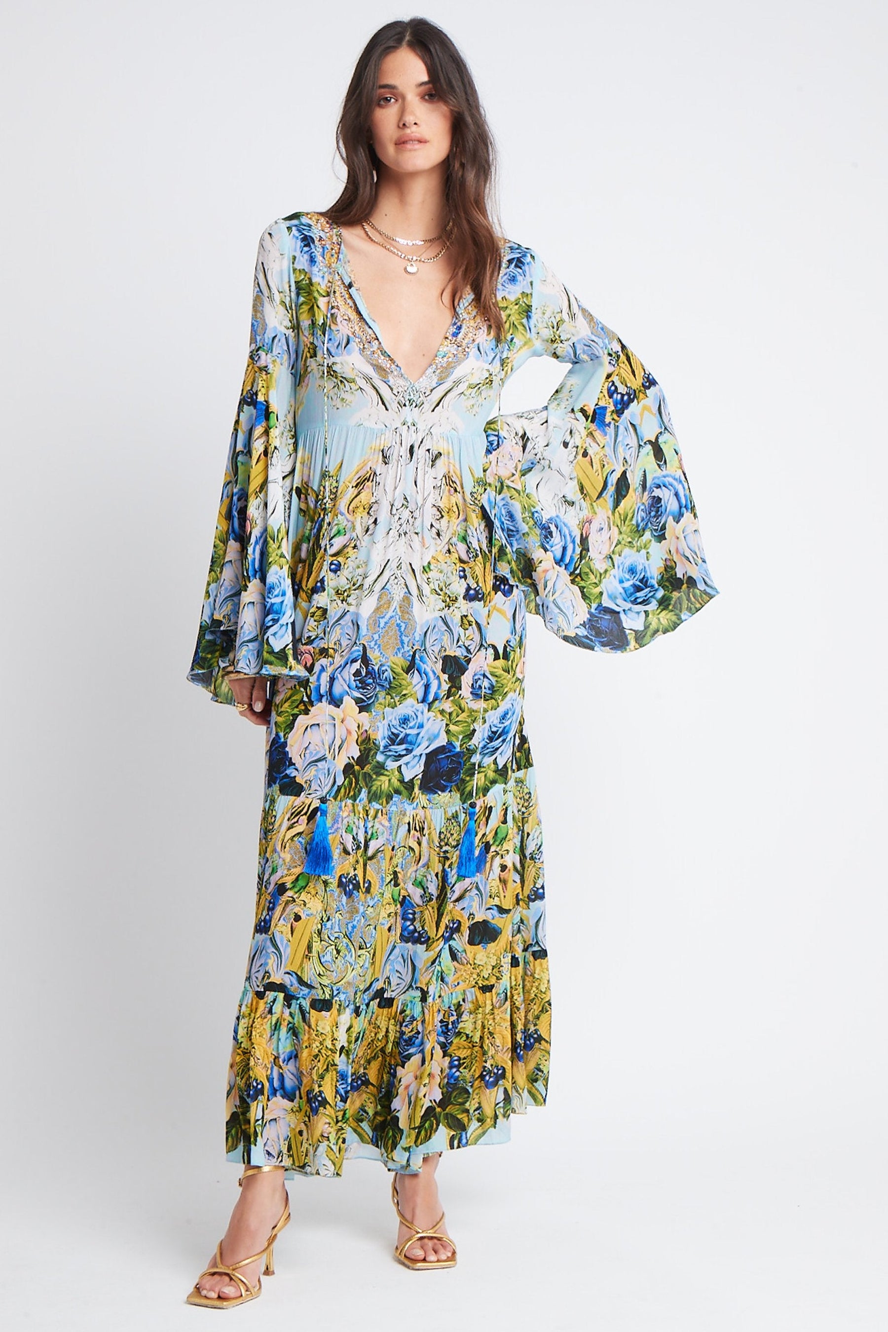 SUMMER BLUES MAXI DRESS W BELL SLEEVES