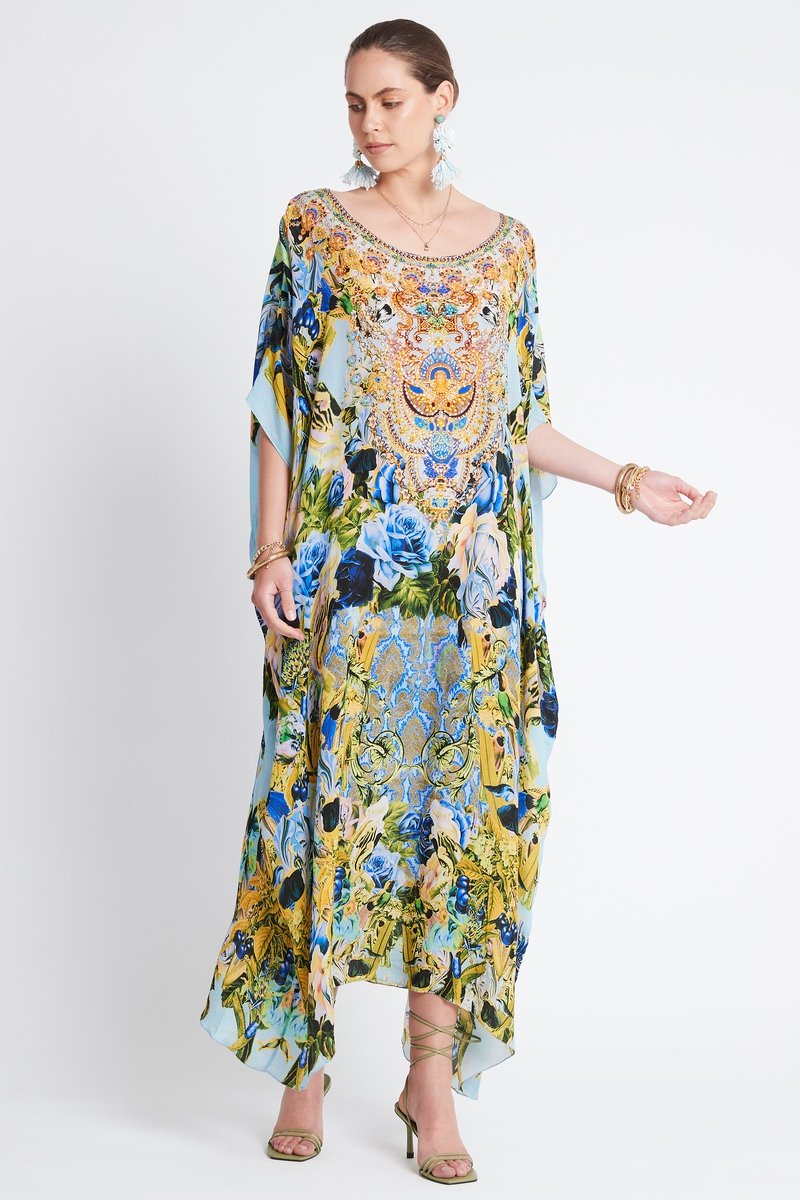 SUMMER BLUES ROUND-NECK SILK LONG KAFTAN