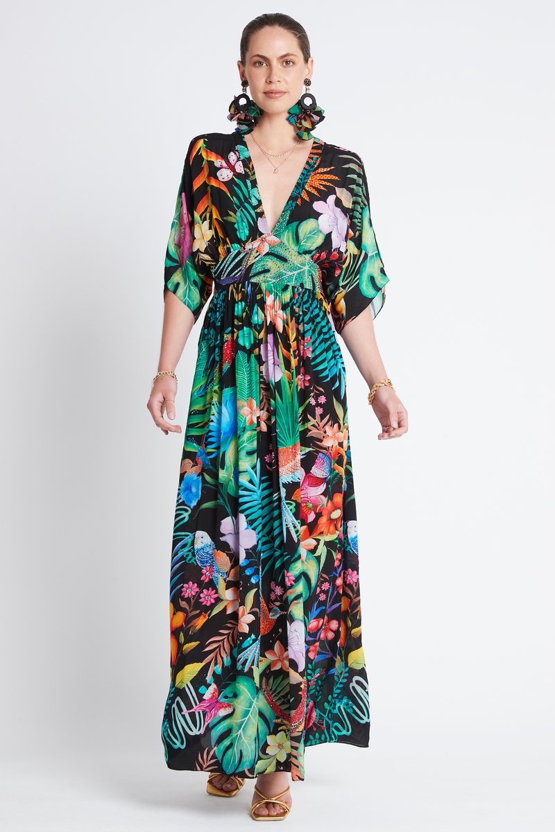 TROPICAL FLORALS MAXI DRESS W WAISTED BELT