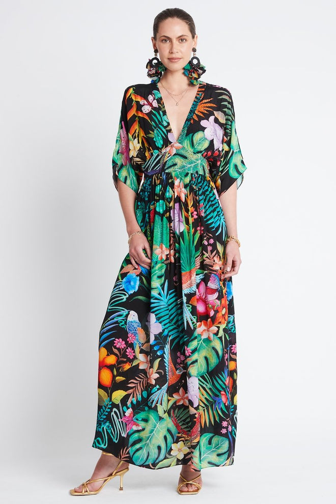 TROPICAL FLORALS MAXI DRESS W WAISTED BELT