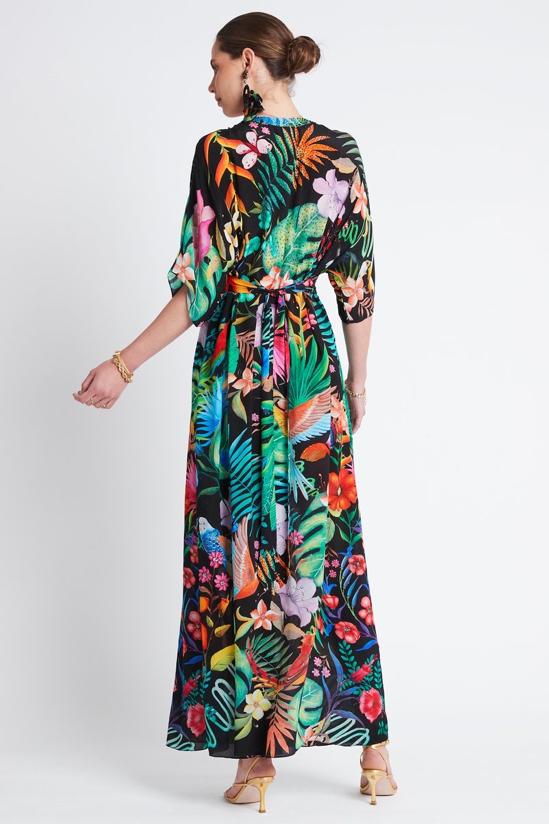 TROPICAL FLORALS MAXI DRESS W WAISTED BELT