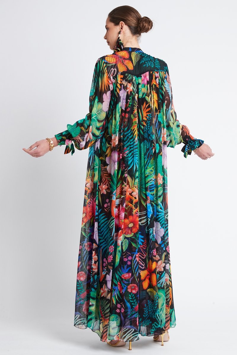 TROPICAL FLORALS PLEATED LONG JACKET