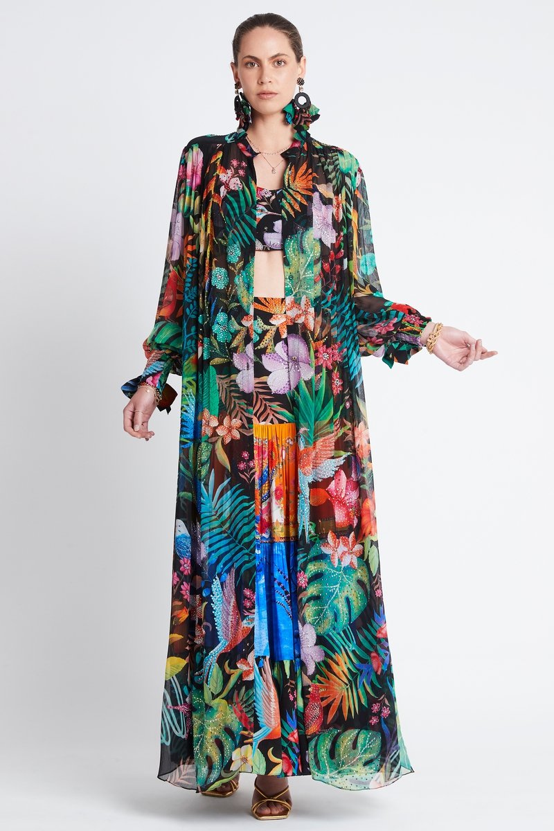 TROPICAL FLORALS PLEATED LONG JACKET