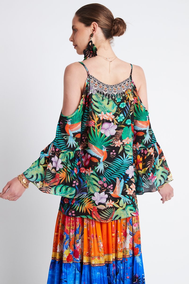 TROPICALS FLORALS COLD SHOULDER FRILL TOP