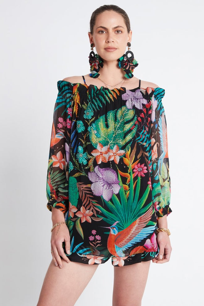 TROPICAL FLORALS OFF SHOULDER TOP