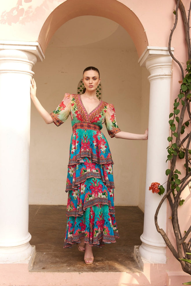 BLUE BLOSSOM CROSS OVER MAXI DRESS - Czarina