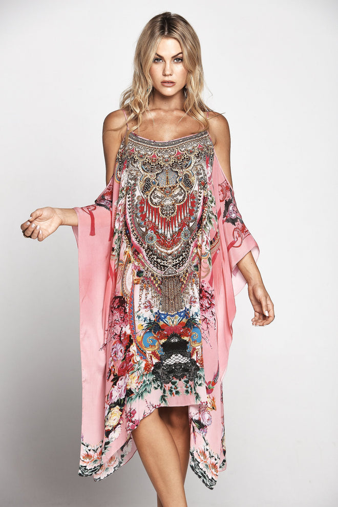 SKY BLUSH COLD-SHOULDER SHORT KAFTAN