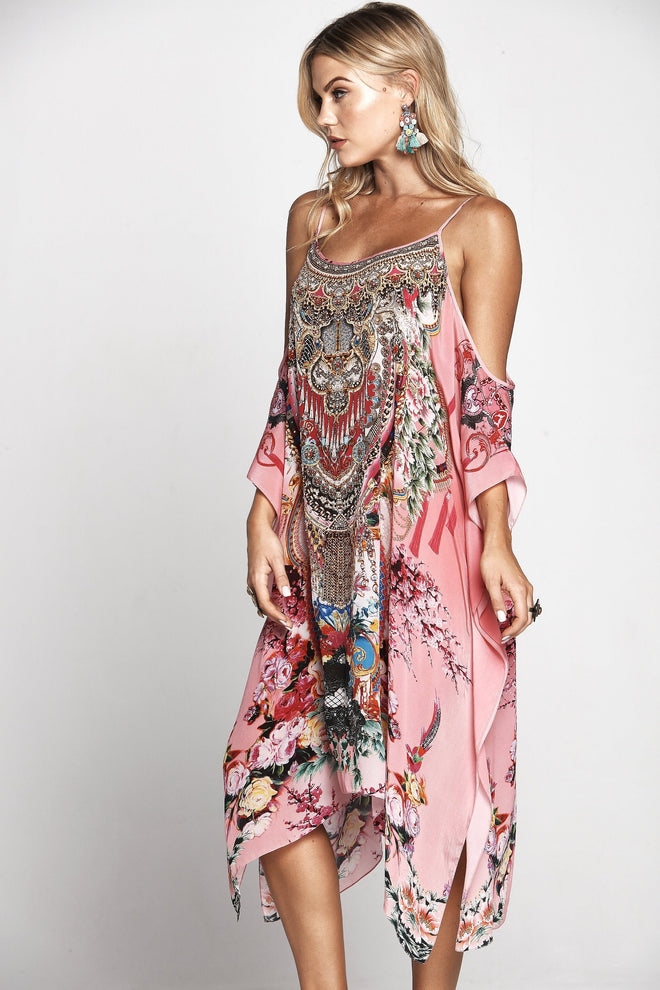 SKY BLUSH COLD-SHOULDER SHORT KAFTAN