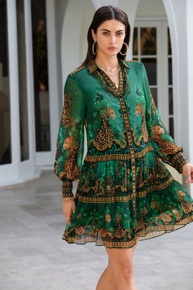 emerald green shirt dress Goddiva Sequin Skater long sleeves Whalen Shirt Dress - Emerald