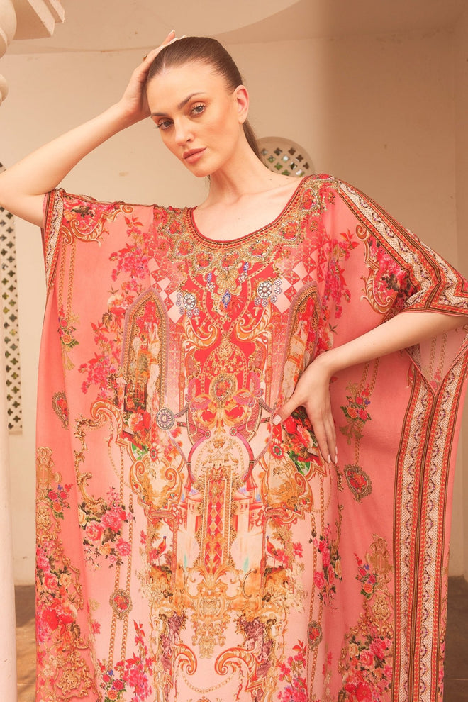 PINK CASTLE ROUND NECK LONG KAFTAN - Czarina