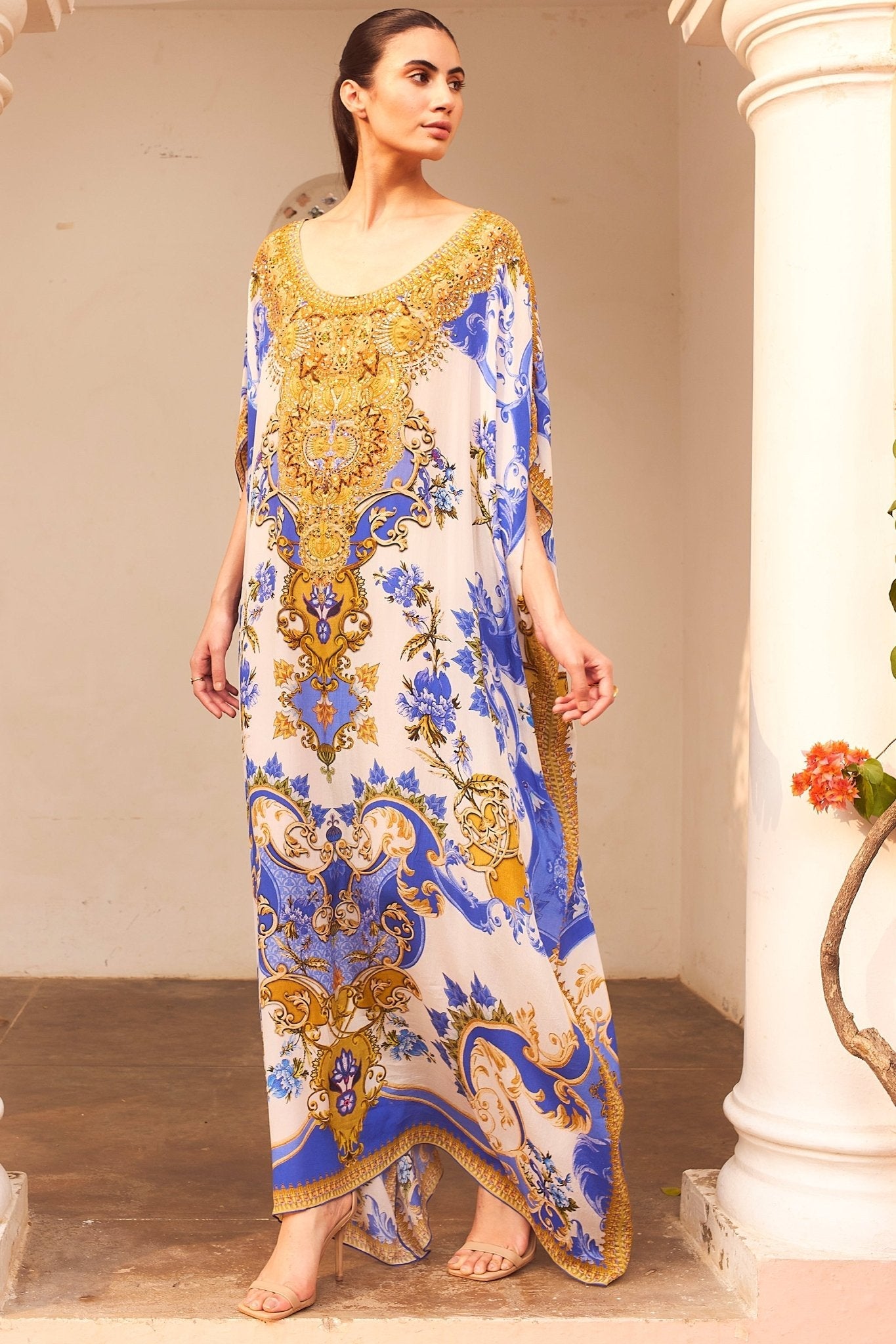 SANTORINI SUNRISE ROUND NECK LONG KAFTAN - Czarina