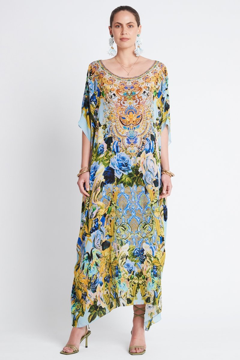 SUMMER BLUES ROUND-NECK SILK LONG KAFTAN - Czarina