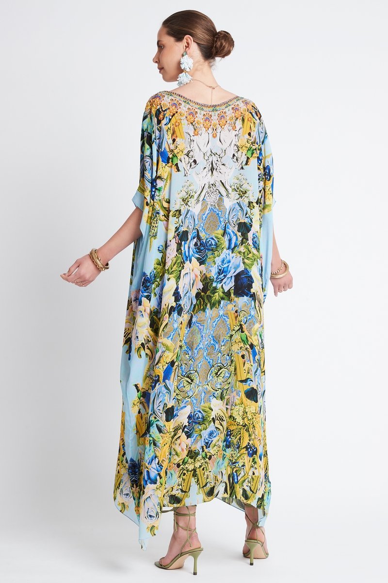 SUMMER BLUES ROUND-NECK SILK LONG KAFTAN - Czarina