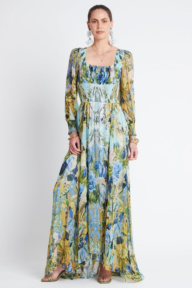 SUMMER BLUES SHIRRED MAXI DRESS - Czarina