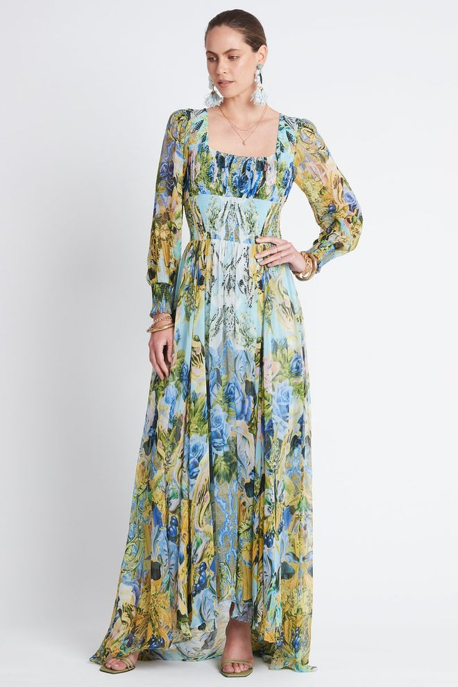 SUMMER BLUES SHIRRED MAXI DRESS - Czarina