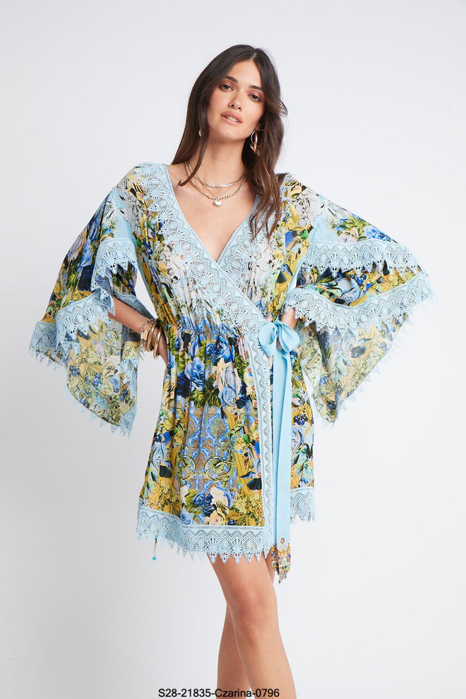 SUMMER BLUES SHORT WRAP DRESS W LACE - Czarina