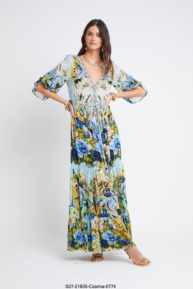 SUMMER BLUES WAIST DRAWSTRING MAXI DRESS - Czarina